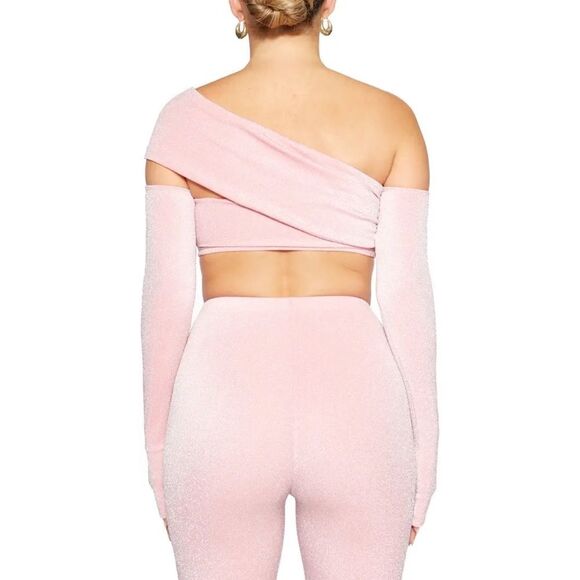 Naked Wardrobe Pink Long Sleeve Off the Shoulder Metallic Shimmer Crop Top L NWT - Picture 2 of 4